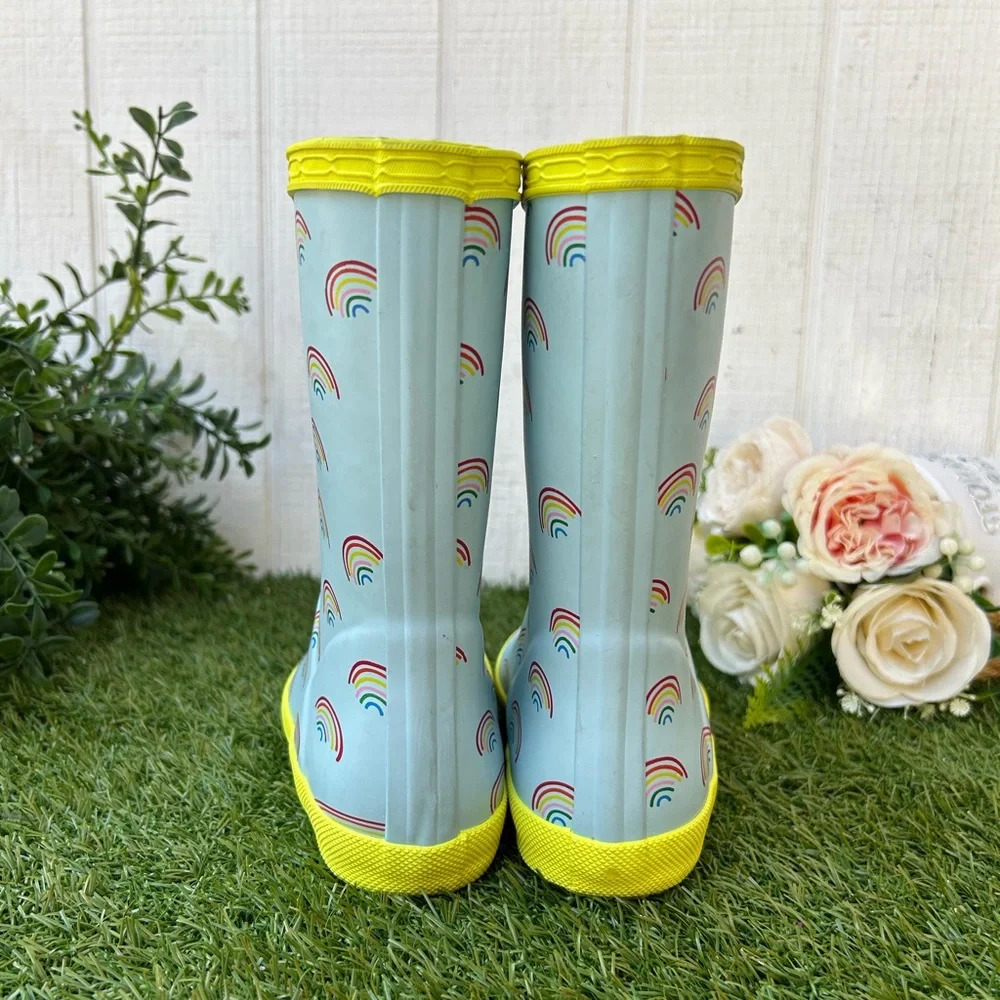 Hunter Bleached Blue & Zesty Yellow Kids Rain Boots with Rainbow Print Sz US 11